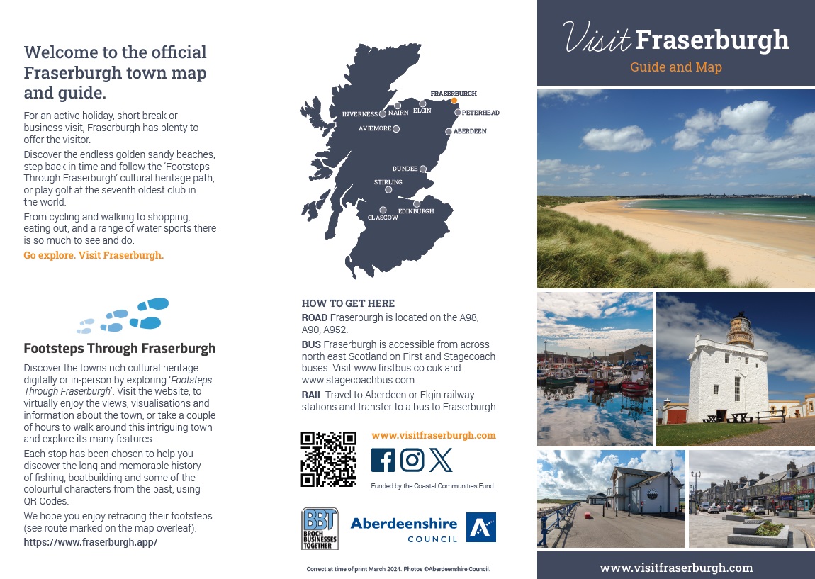 The front cover of the Fraserburgh town centre leaflet with a selection of pictures of local scenes and a map of Scotland showing how to get to the town